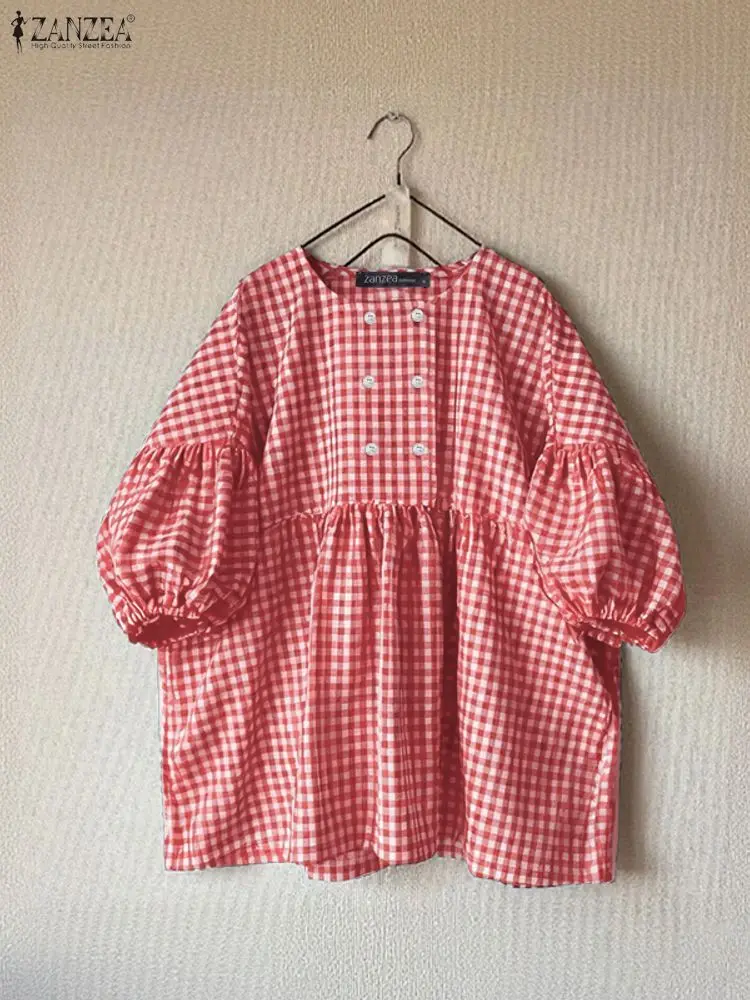 ZANZEA Lässige Gingham-Blusen für Damen, Sommer 2022, O-Ausschnitt, kurze Laternenärmel, karierte Babydoll-Oberteile, Alltagskleidung, Damenbekleidung, 3XL