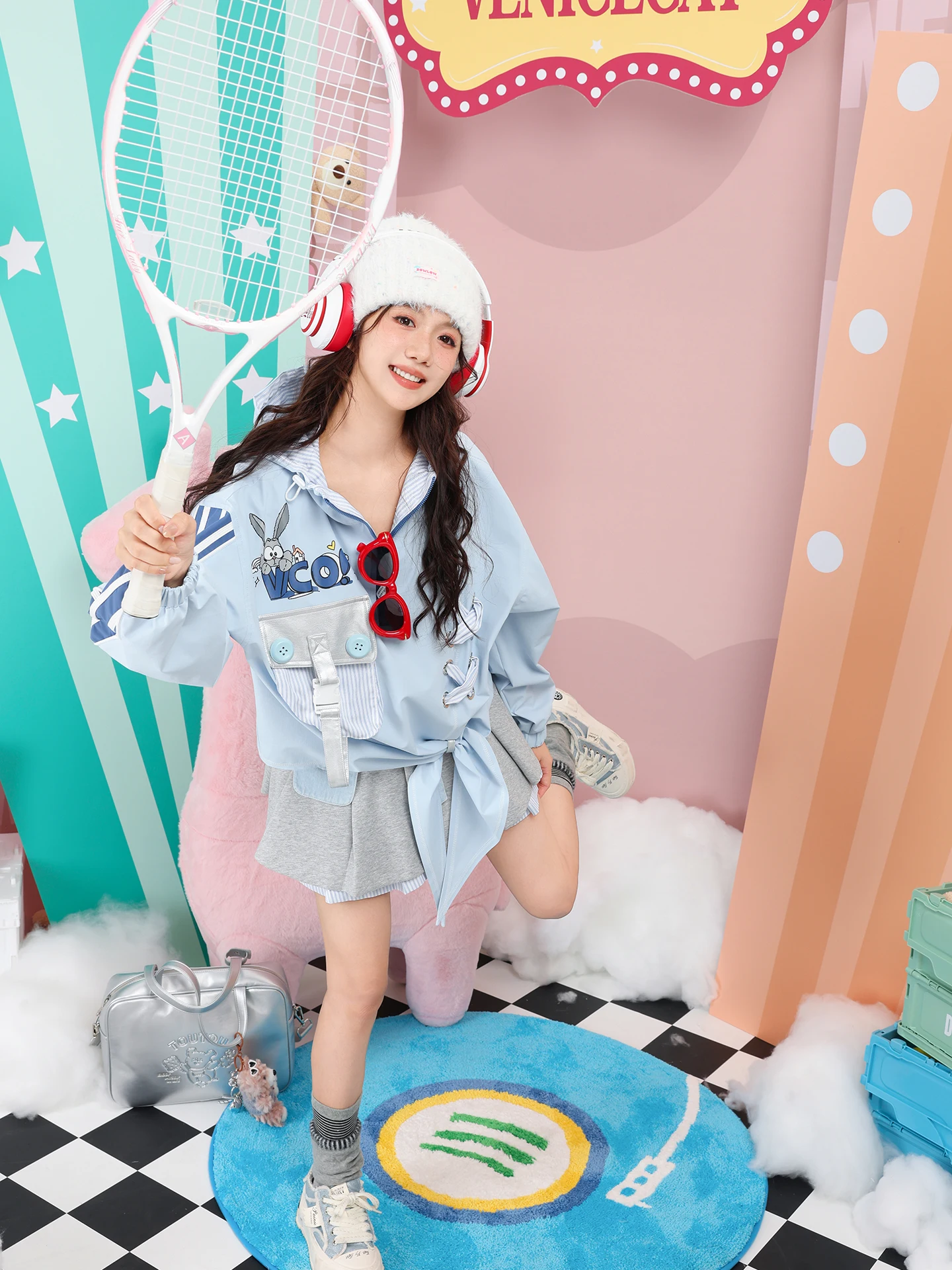 

Spor Blue Jaet with Printed Letters Knot And kets for Women Windproof Long Sve Hooded Coat Polyester Mate...