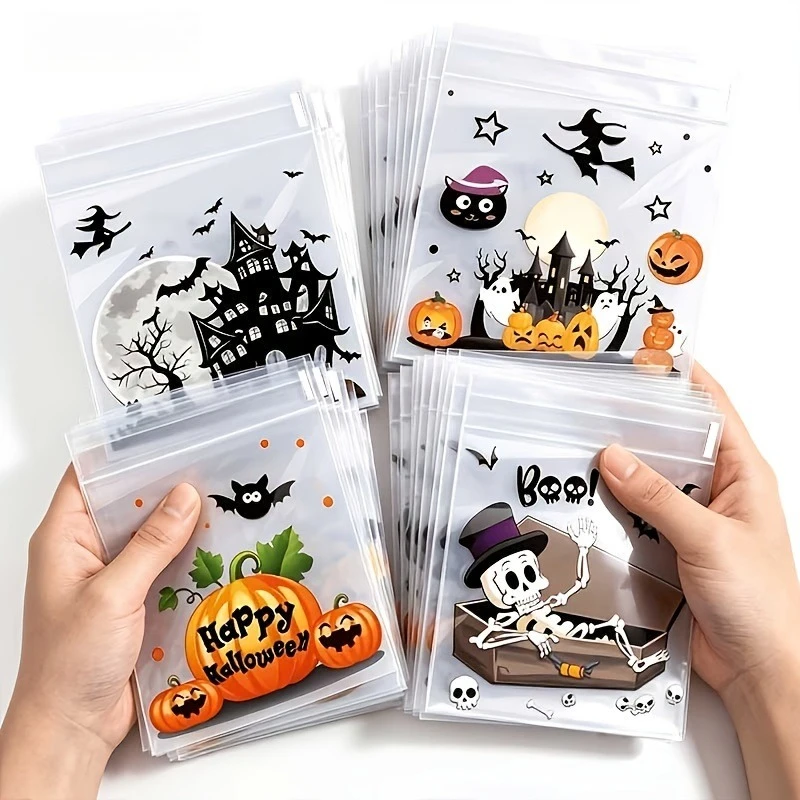 Halloween Transparent Self Sealing Candy Cookie Gift Bags Treat Bags for Nougat Snowflake Crisp Party Gift Packaging 100 Pcs Set