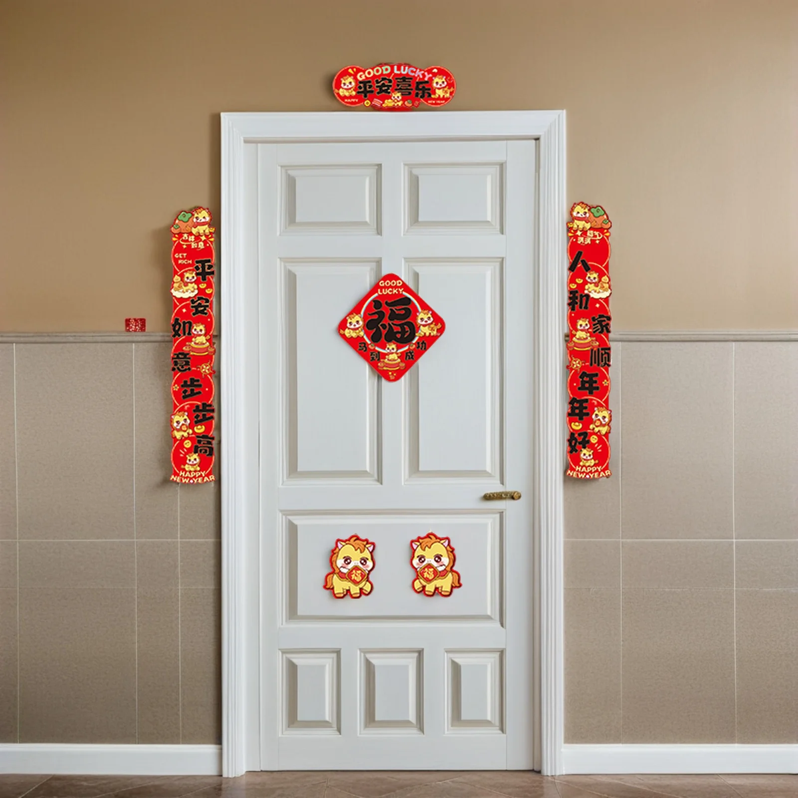 

6Pcs Chinese Couplets Chunlian Set 2026 Red Spring Festival Door Stickers Horse Zodiac Lucky Fu Wall Decals Front Door Couplets