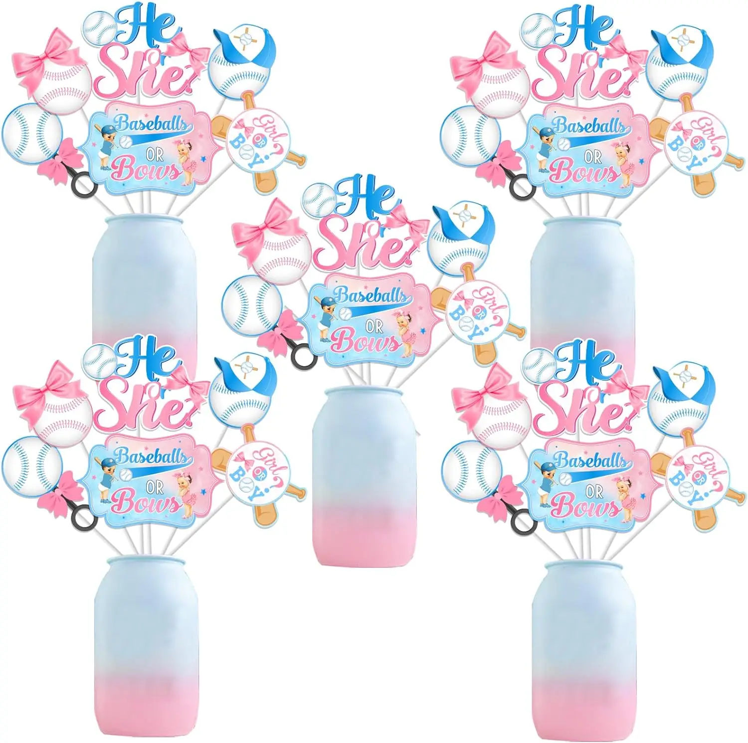 24pcs Baseball or Bows Gender Reveal Centerpieces Sticks Party Supplies Bow Table Toppers Baseball Table Centerpiece for Kids