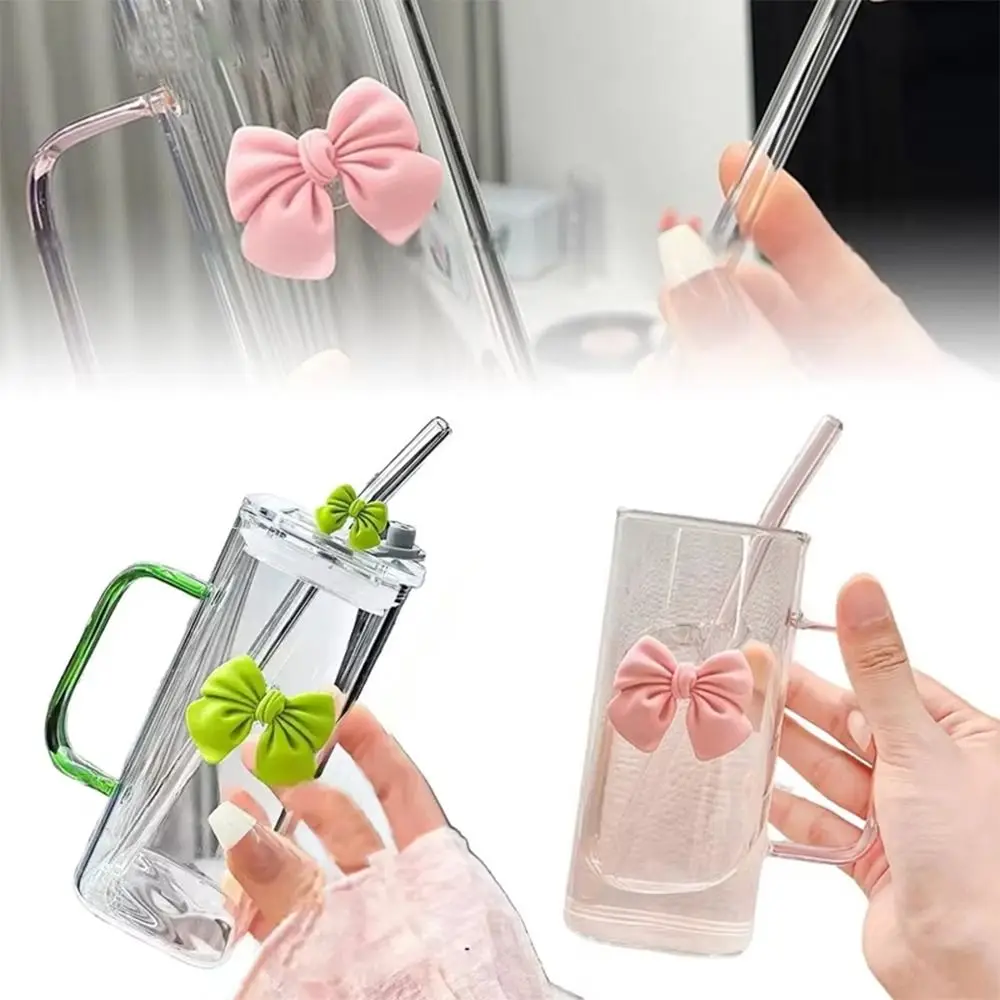 Versatile High Temperature Resistant Matcha Glass With Lids Capacity Bow Cups Glass Straw Cups for Drinking Milk