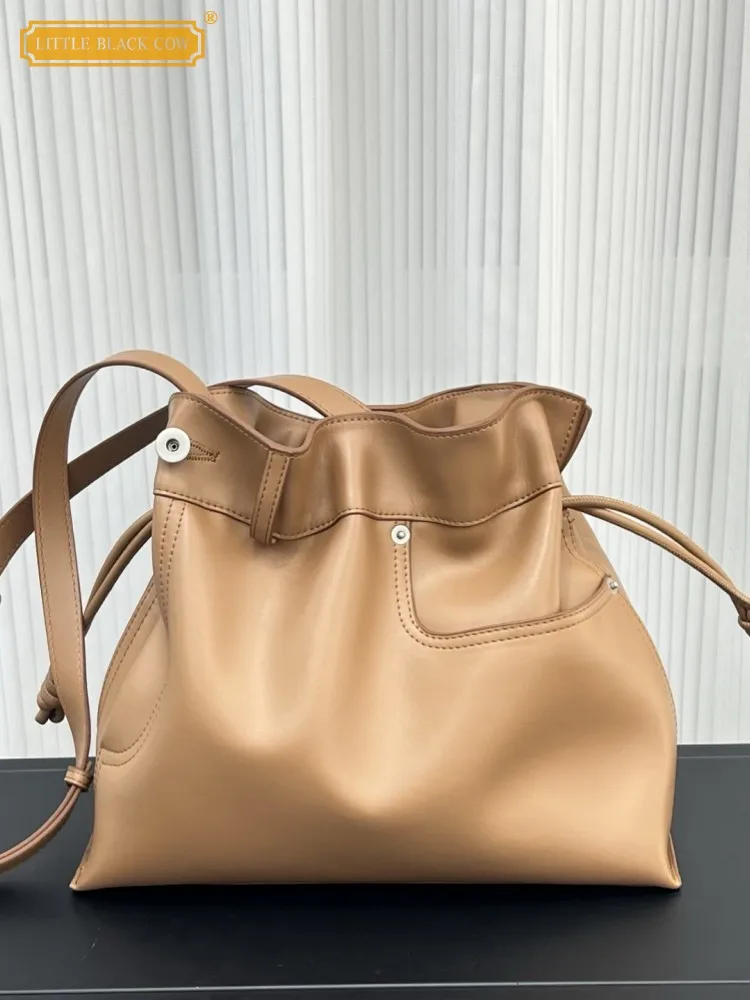 Casual Ladies Versatile Cow Genuine Leather Bucket Bag Drawstring Single Shoulder Underarm Bags Fashion New Women Crossbody Bags