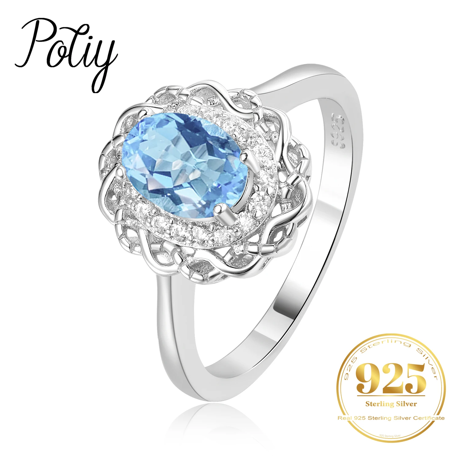 Potiy Infinity Genuine Oval Sky Blue Topaz 925 Sterling Silver Halo Ring for Woman Gemstone Fine Jewelry Anniversary Gift