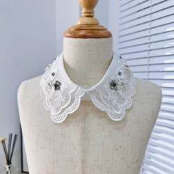 Women Fashion Imitation Pearl Fake Collar Detachable Dual Mesh Lapel Necklace