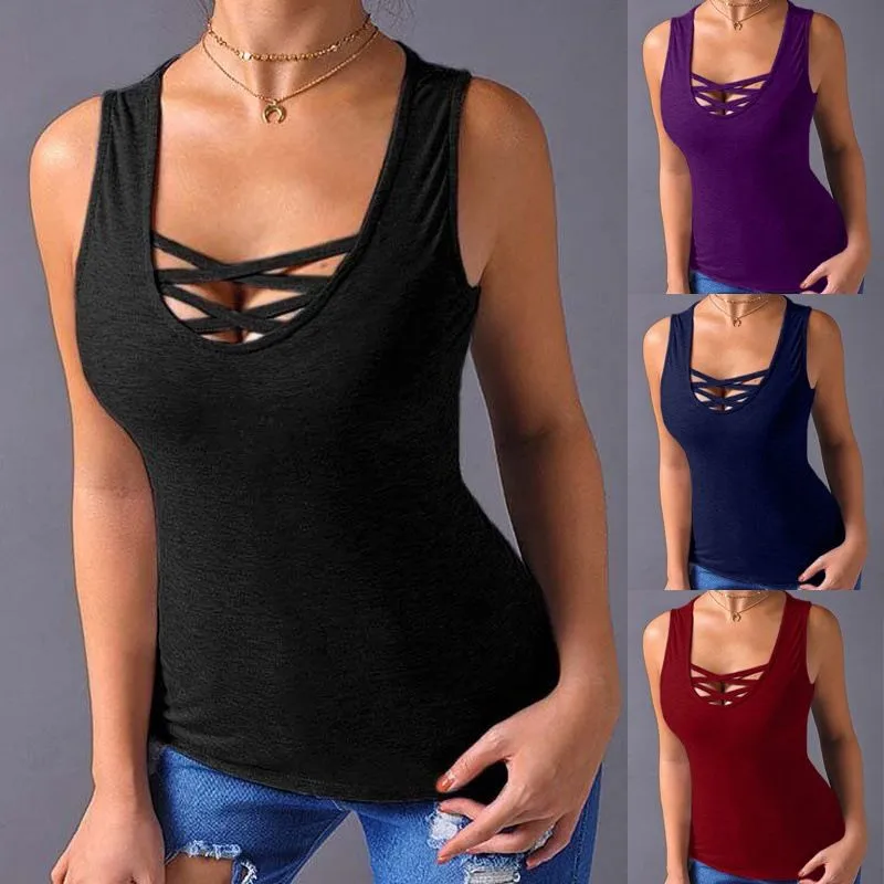 

Summer Sexy Top Tank Sexy Cross Strap Selveless Vest Tops Vintage Casual Tops Solid Color Round Neck Vestidos Woman Clothing