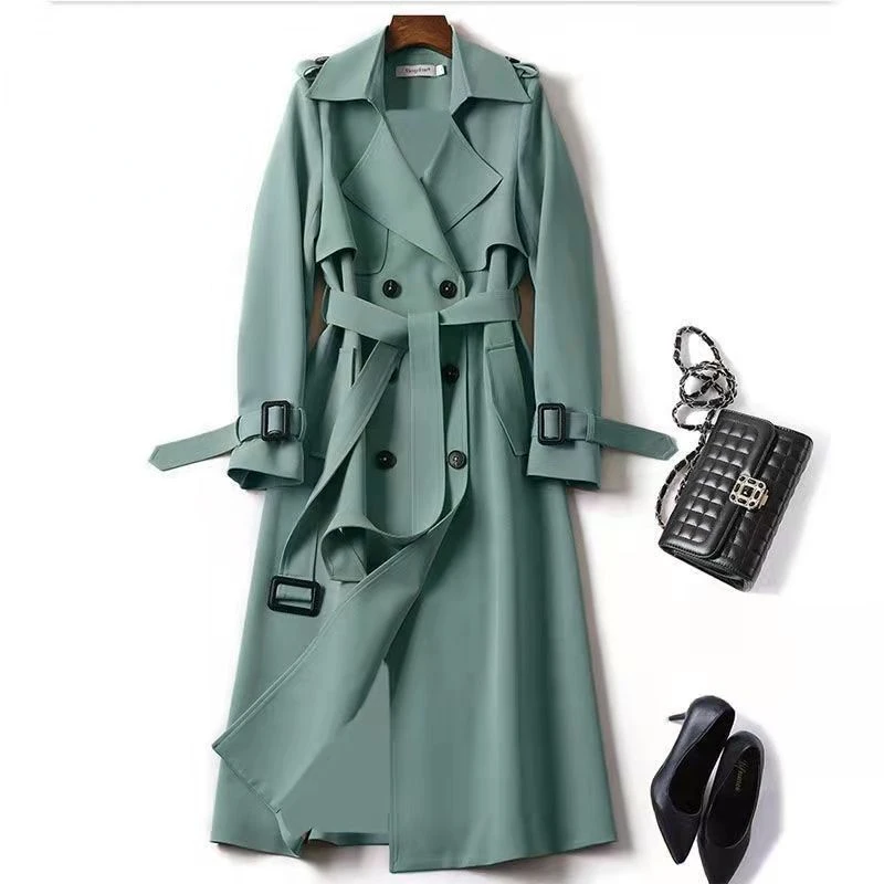 Women\'s Trench Coat 2024 Autumn Korean Long Jacket with Belt Solid Khaki Double-breasted British Style Coat Women