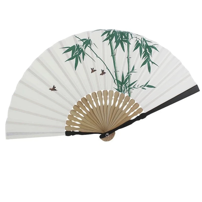 Bamboo Folding Fan with Tassel Cotton Linen for Men Women Hanfu Dance Photography Chinese Daily Fan Gift Lightweight Portable