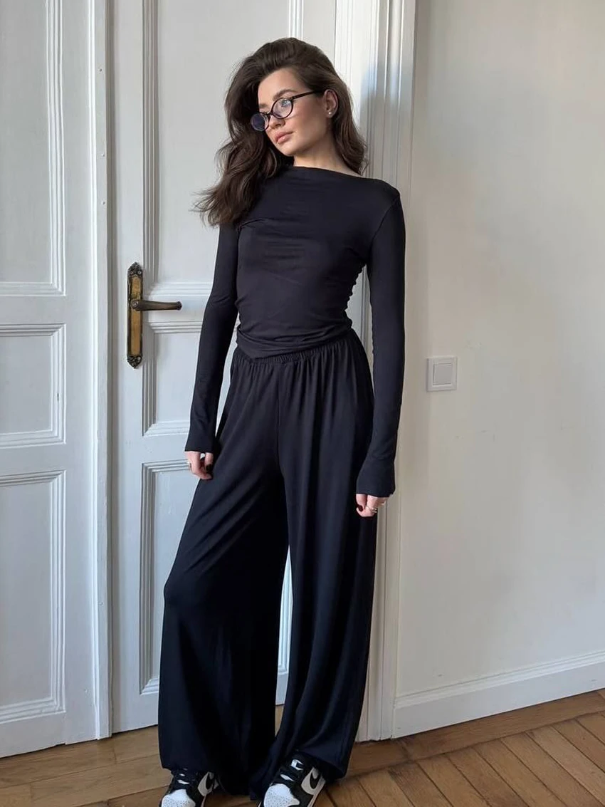 Marthaqiqi Home Clothes Female Long Sleeve Nightgowns Crop Top Pajamas O-Neck Nightwear Pants Casual Women Sleepwear 2 Piece Set