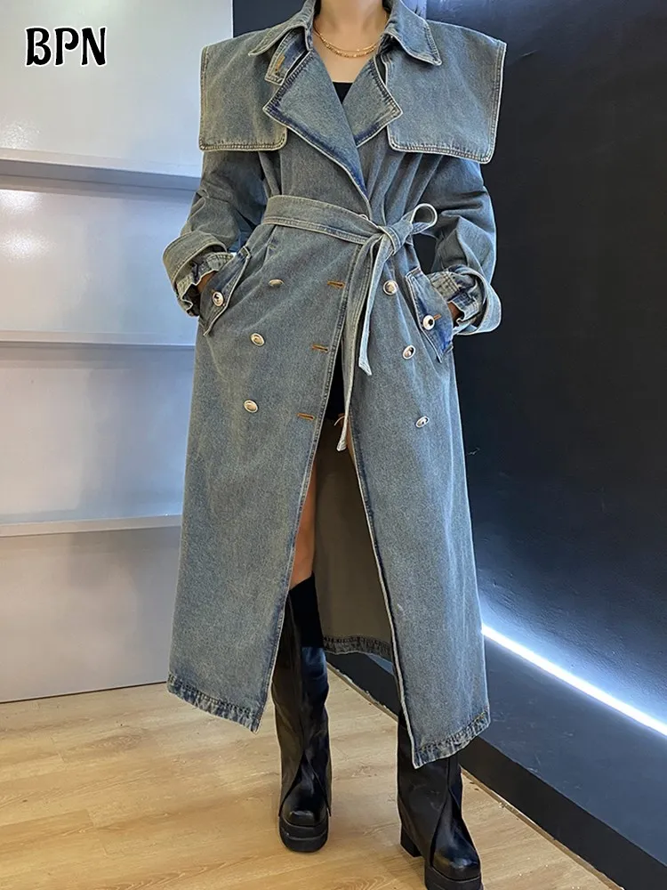 BPN Spliced Double Breasted Denim Coats For Women Lapel Long Sleeve Patchwork Lace Up Casual Slim Trench Female Fashion Clothing