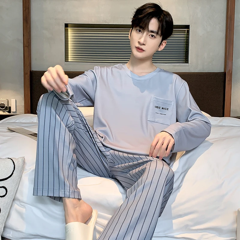 L-4XL Spring/Autumn Men's Pajamas All Cotton Striped Print Men's Long Sleeve Long Pants Home Furnishings Pure Cotton Men's Set