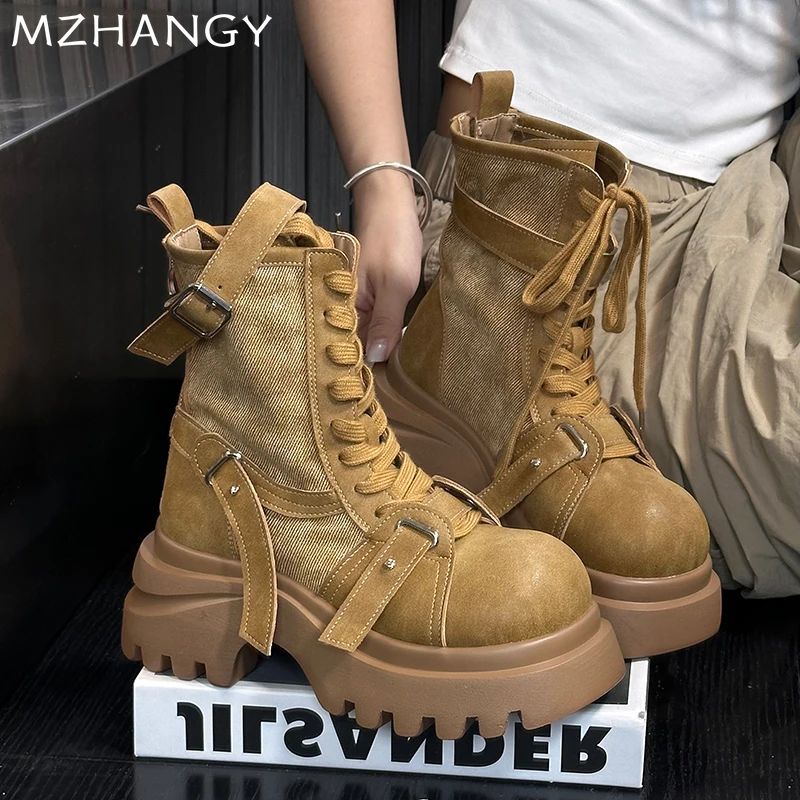 

Designer Ankle Women's Boots Mid Heels Fashion Shoes Leather 2025 Lace Up Gladiator Woman Boots New Goth Chelsea Mujer Zapatos