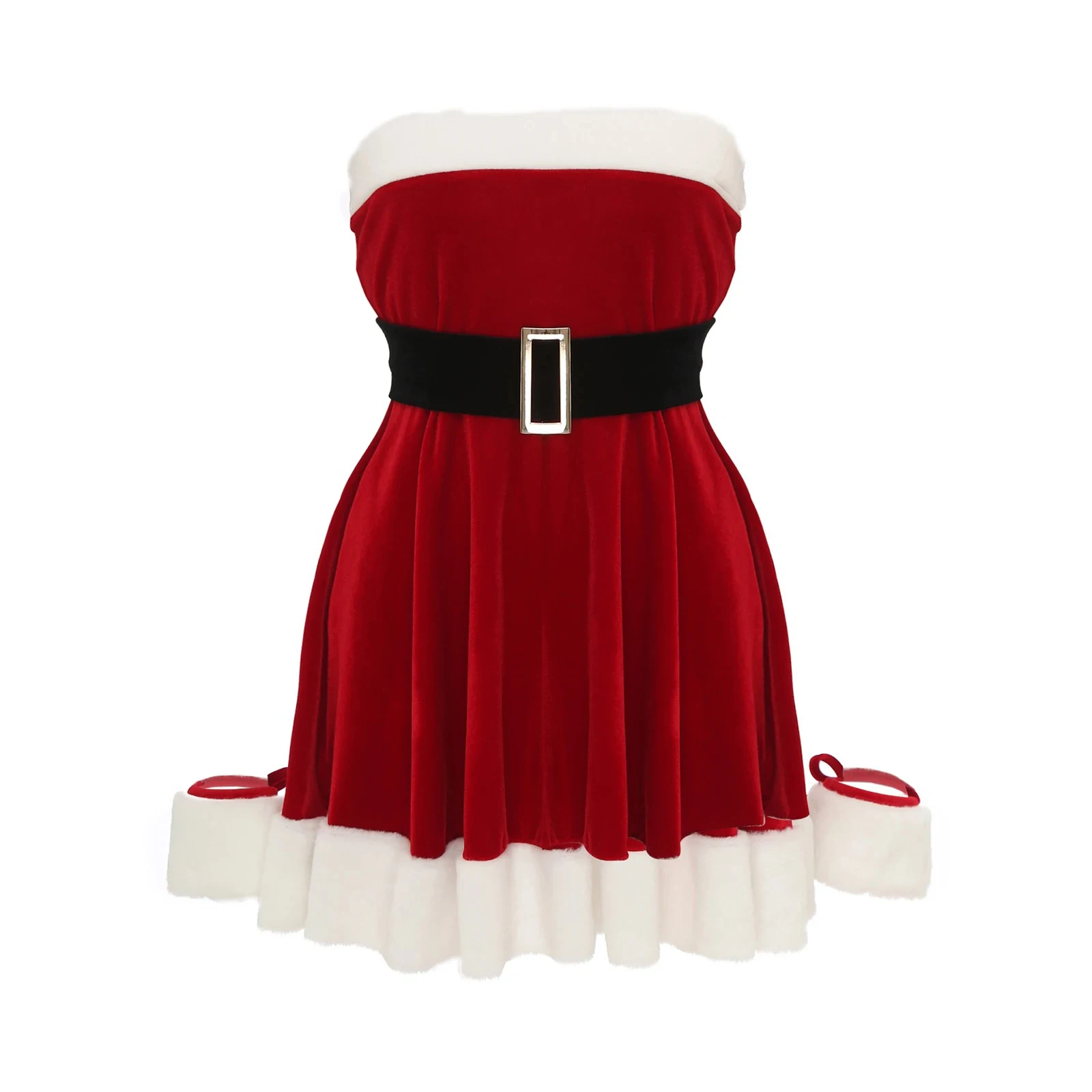 Womens Red Velvet Christmas Dress Xmas Party Santa Claus Cosplay Costume Hairy White Trim A-Line Dress with Belt+Wristband Cuffs