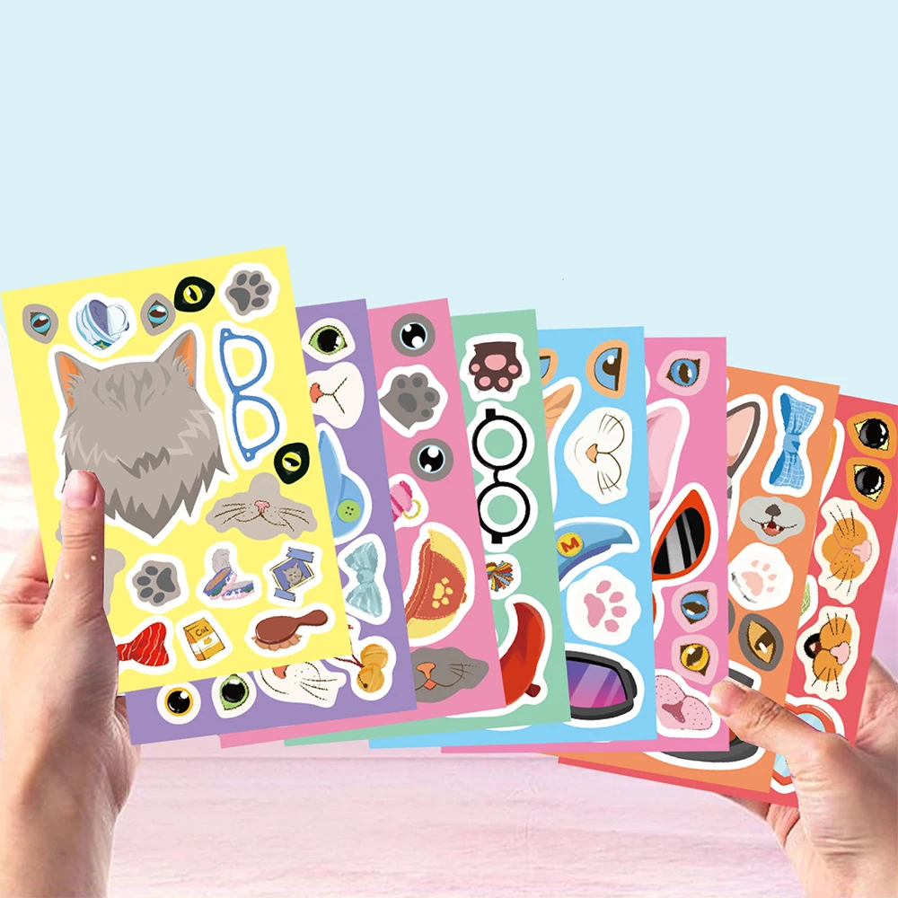 

8/16sheets Cute Cat Head Puzzle Stickers Animal Make a Face DIY Cartoon Assemble Jigsaw Decals Toy Kid Birthday Party Decoration