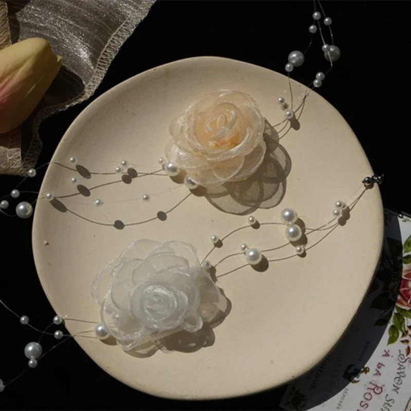 Gargantilha de renda pérola com flor rosa, clavícula, colar vintage, gargantilha de camélia, gótica