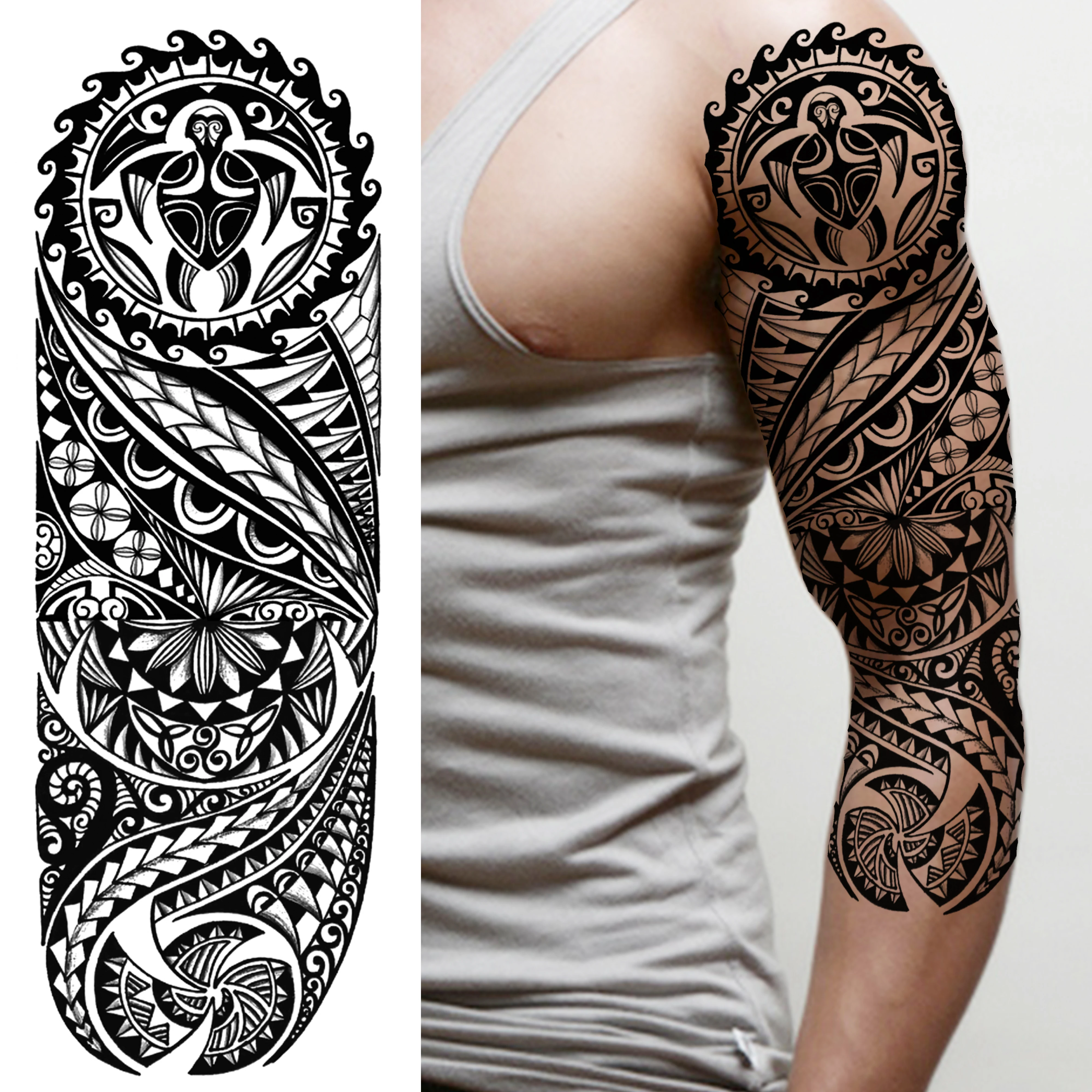 1 Sheet Full Arm Sleeve Temporary Tattoos For Men Adults Totem Maori Tribal Black Tattoo Sleeve Sticker Water Transfer Covers Up