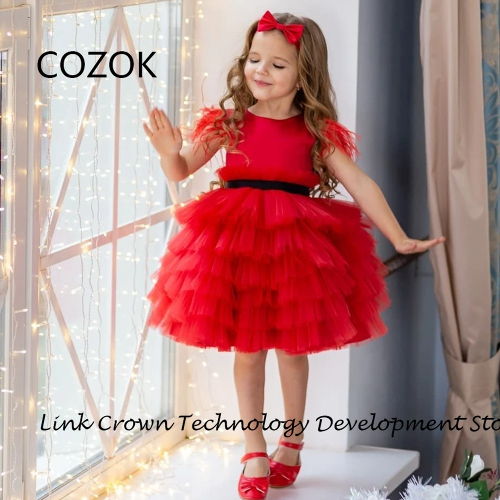 

COZOK Scoop Flower Girls Dresses with Feather 2024 Summer New Sleeveless Knee Length Tiered فستان عيد الميلاد Zipper Back