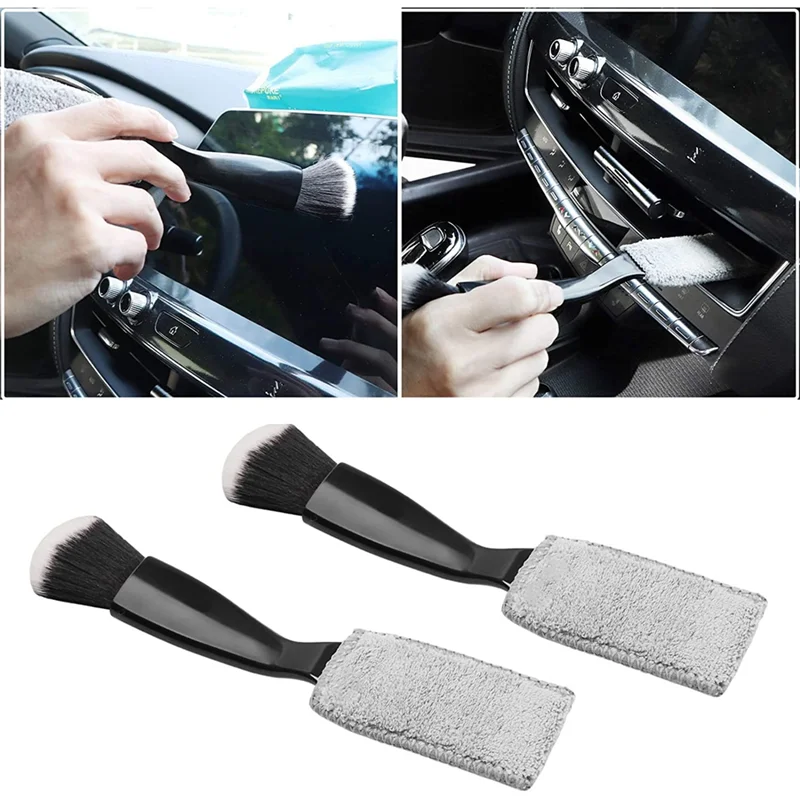 2Pack Double Head Brush for Car Clean,2 in 1 Car Interior Duster,Car Air Vents Dashboard Screen Clean Brush, Black