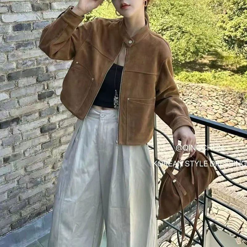 

Fashion Stand Collar Button Loose Jackets Autumn Vintage Zipper Female Clothing Solid Color Basic Imitation Suede Short Coats