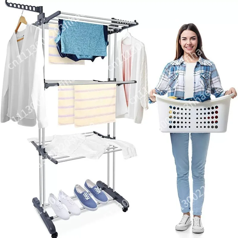 Simple single bar outdoor multi-functional folding three-layer floor towel rack balcony wing drying rack