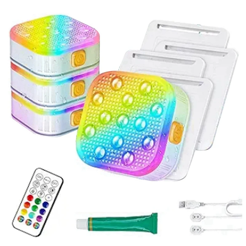 

4Pcs Rechargeable Submersible Pool Lights With Remote, IP68 Waterproof 16 Color Changing LED Lights With Glue