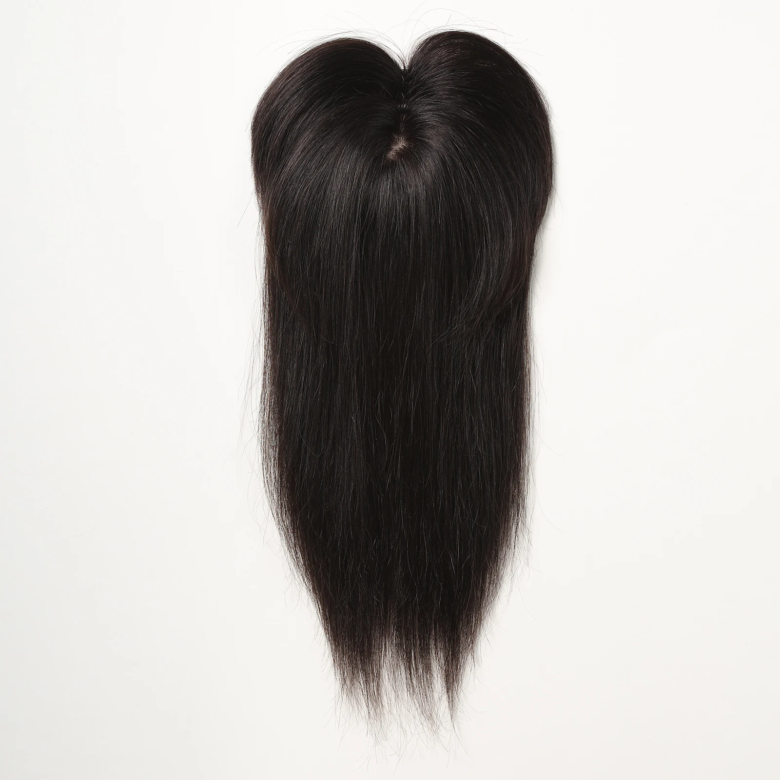 Topper rambut manusia hitam alami dengan poni, rambut palsu Remy, klip dasar sutra untuk wanita dengan rambut tipis