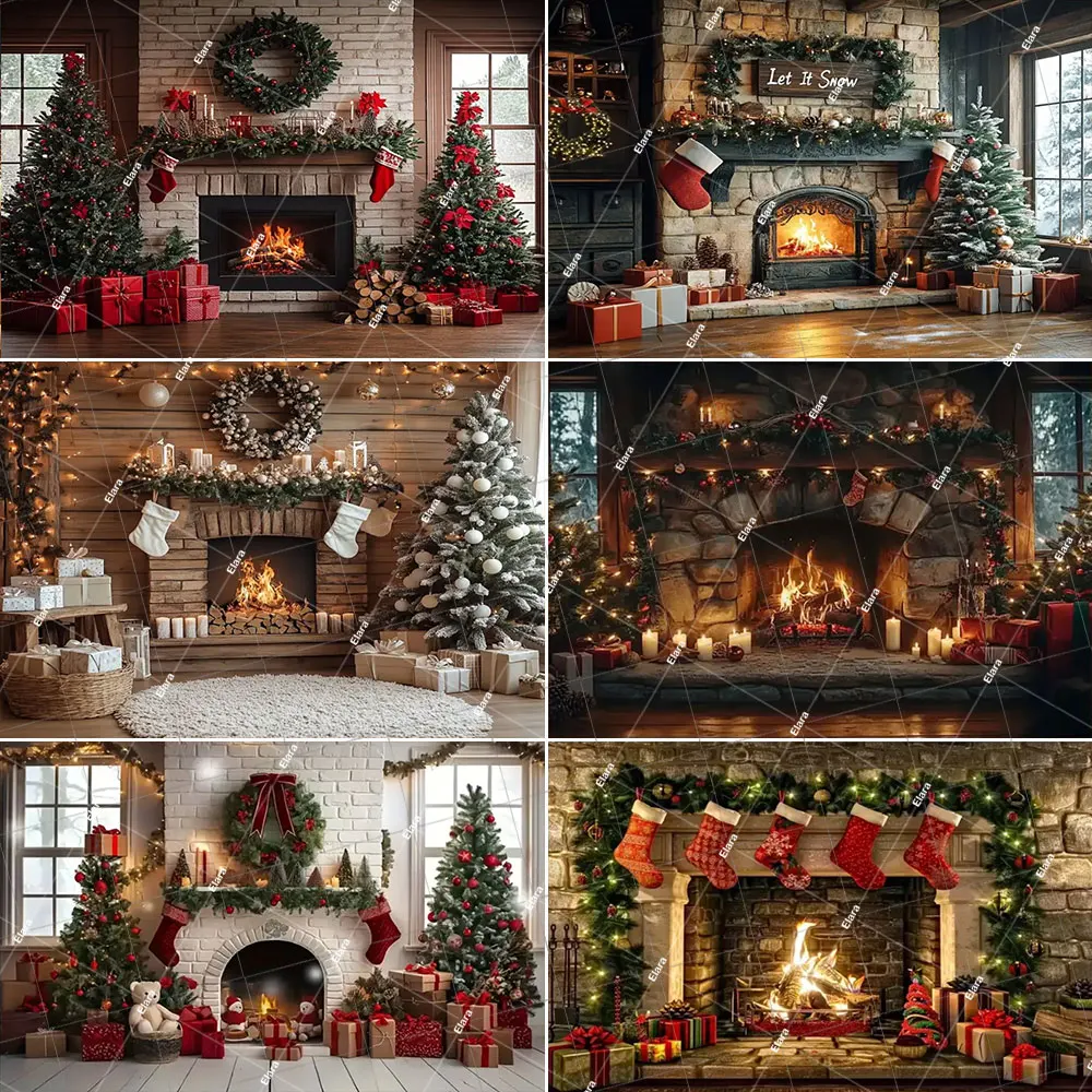 

﻿ Christmas Holiday Backdrop Christmas Fireplace Xmas Tree Gift Snowman Kids Family Party Decoration Backdrop Banner Photo Props