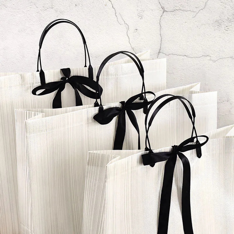 1pc Large Portable White Non-woven Shopping Handbag Luxury Gifts Packaging Tote Bags With Ribbon Wedding Birthday Party Supplies