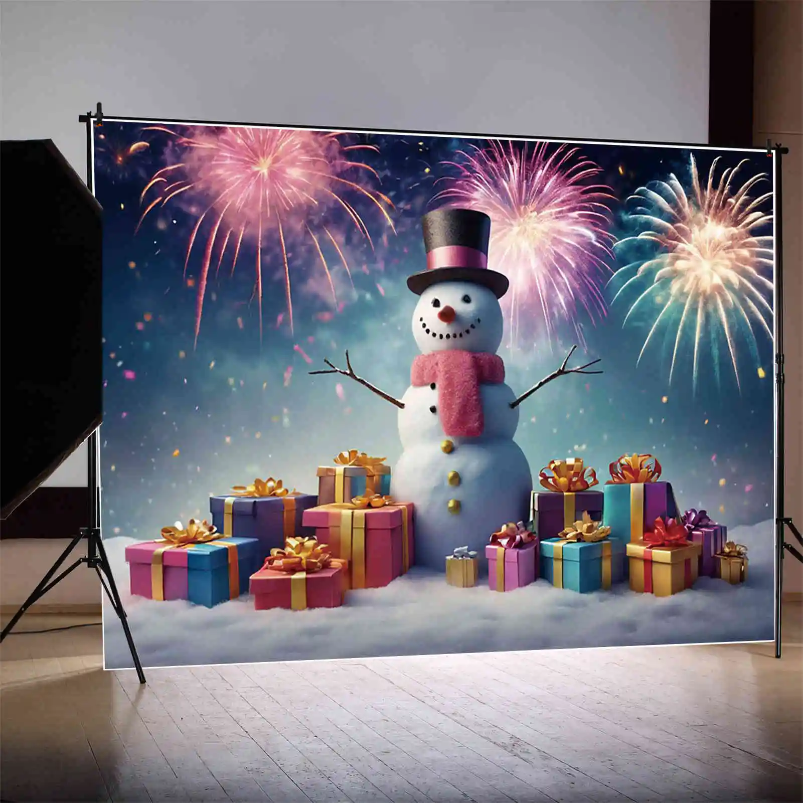 MOON.QG New Year Fireworks Background Photography Snowman Christmas Xmas Tree Photozone Backdrop Children Studio Photocall Props