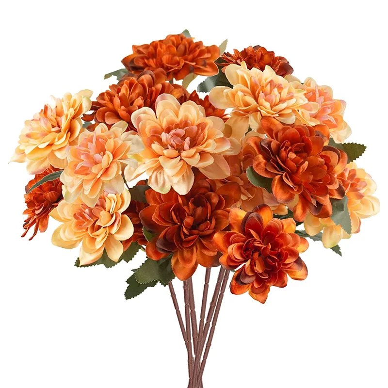 6Pcs Artificial Fall Flowers, 18 Heads Silk Fake Mums Flowers Faux Chrysanthemum Orange Flowers for Home Decor