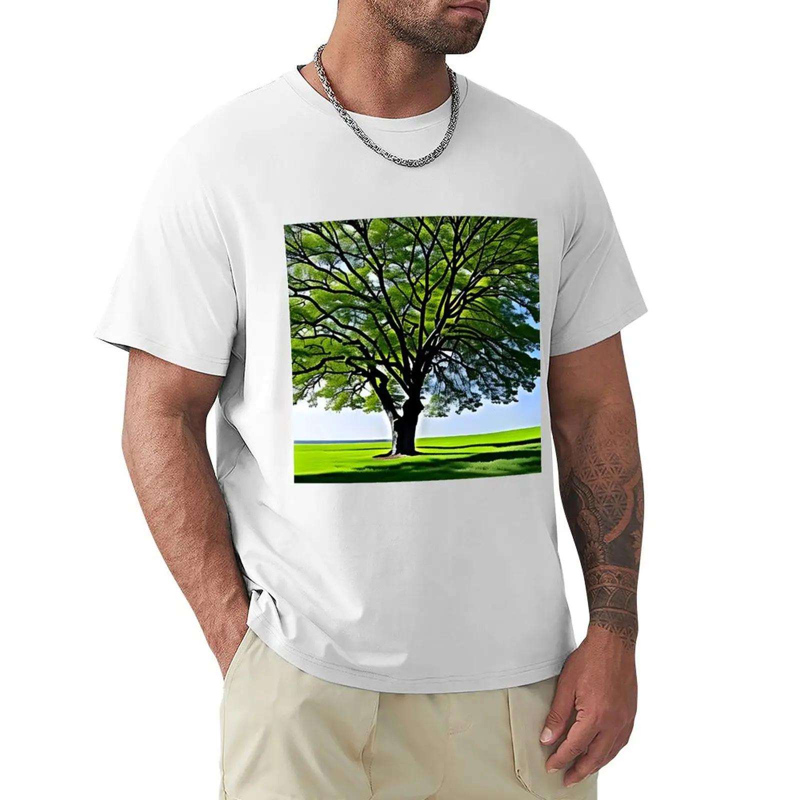 Green lonely tree in spring time T-shirt graphics customizeds t shirts for men cotton