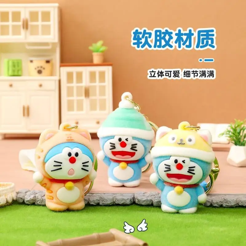 Doraemon Pvc Soft Rubber Flocking Wear Hat Raise Hand Laugh Keychain Backpack Zipper Decorative Couple Pendant Birthday Gift