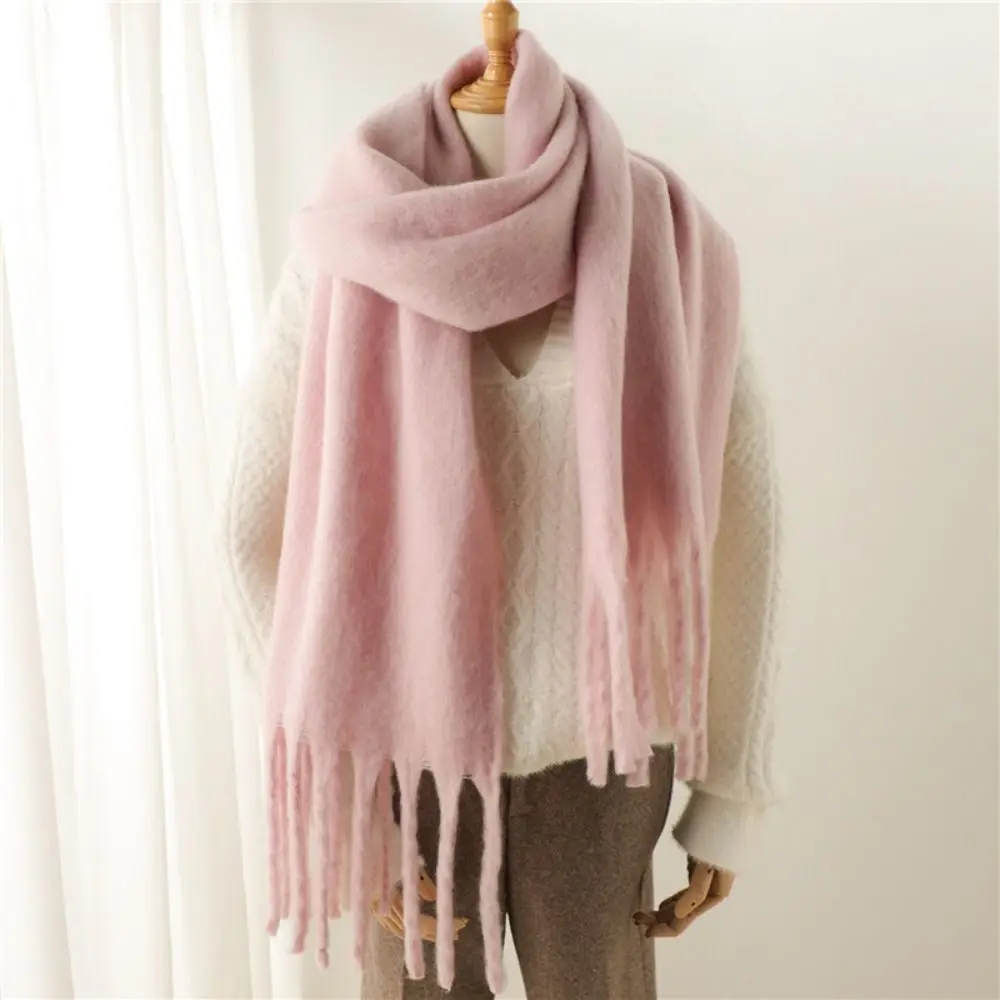 New Mohair Women Scarf Female Winter Warm Thickened Solid Color Long Scarves Soft Coarse Braid Tassel Shawl Viscose Wrap Shawls