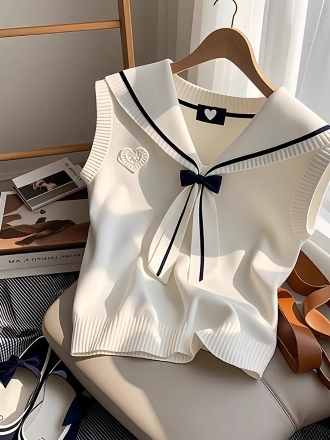 Chic Sailor Collar Bow Sweater Vest Women Clothes Preppy Style Fashion Waistcoats 2026 Topa Mujer Simple Fashion Cute Tanks Tops