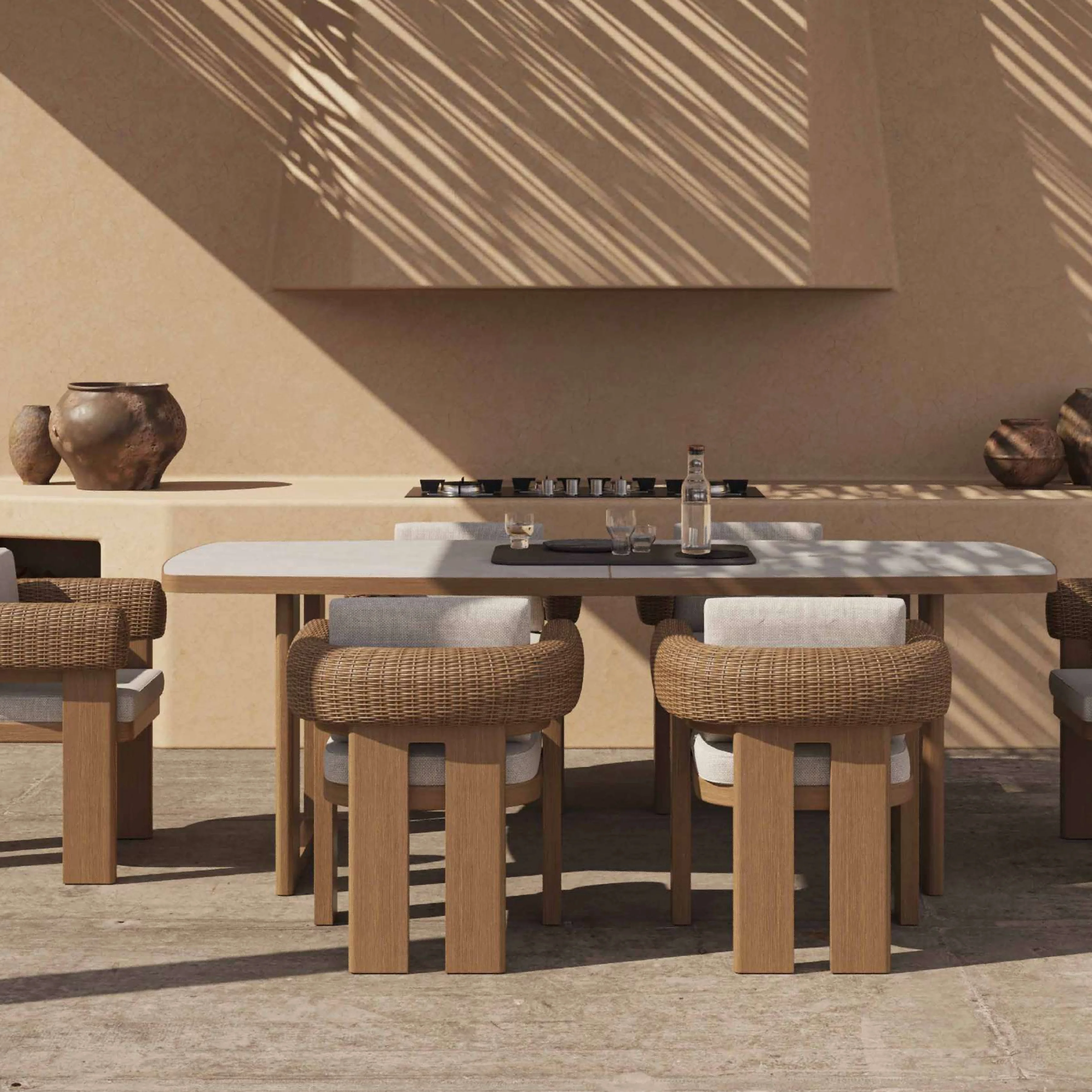 ！@Dwoo High End All Weather Aluminum Patio Dining Set Woven Rattan Outdoor Dining Table and Chairs Set