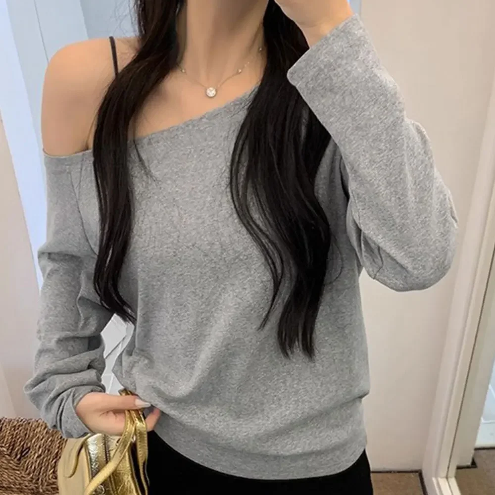 Off Shoulder Casual Tshirt Long Sleeve Loose Fit For Women With Moderate Elasticity Suitable For Various Seasons