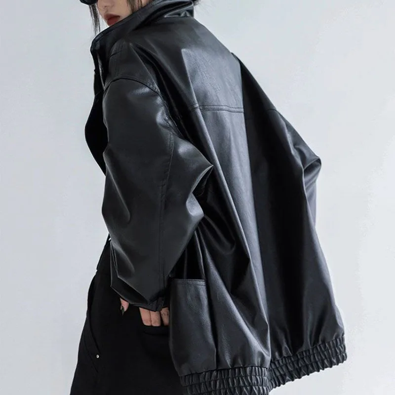 Harajuku jaqueta pu gola alta moda feminina estilo falso couro manga comprida jaqueta heavy metal preto y2k topo feminino