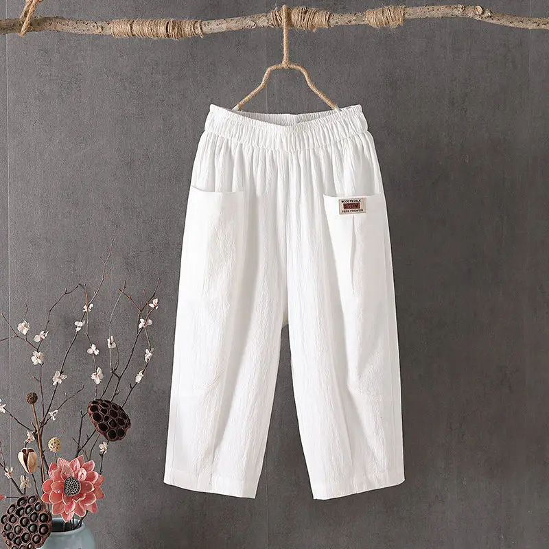 Summer New Thin Loose All-match Knee Length Pants Elastic Waist Solid Color Plus Size Pants Fashion Casual Women Clothing