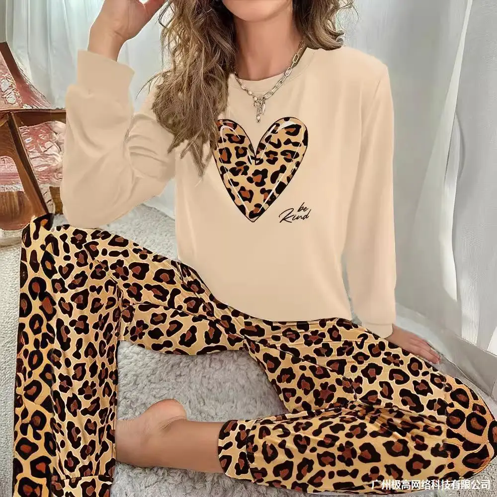 

Pajama Set for Women Printed Round Neck Loungewear Long Sleeved Top and Pants Loungewear 2 Piece Set Causal Women Sleepwear