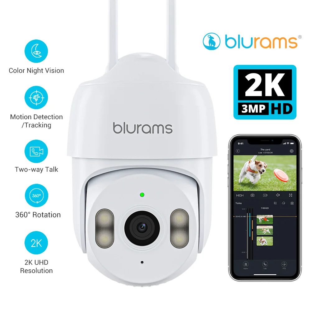 blurams 2K 2.4G Wi-Fi Home Security Camera Outdoor, 360° PTZ Camera Outside with Motion Tracking, Color Night Vision, 2-Way Talk