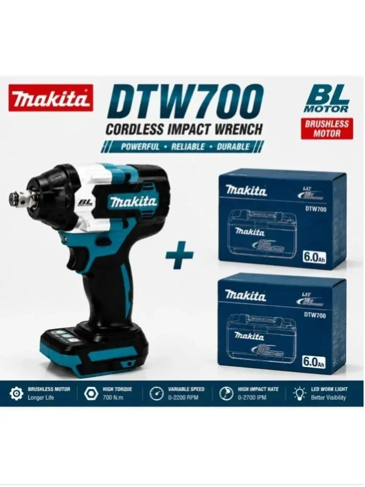 DTW700 Elektrischer Schlagschrauber für Makita 18V Akku, bürstenloser, kabelloser Schlagschrauber, hohe Drehmomentleistung, robustes Elektrowerkzeug für Autoreparaturen, Reifenwechsel, Werkzeuge für