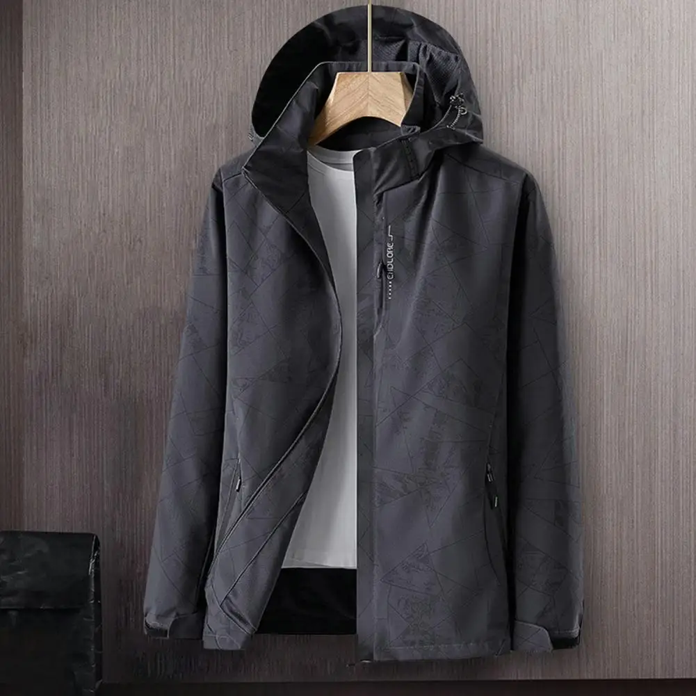 

Printing Windbreaker Stylish Men's Hooded Trench Coat Windproof Printed Design with Pockets for Running Hunting Trekking