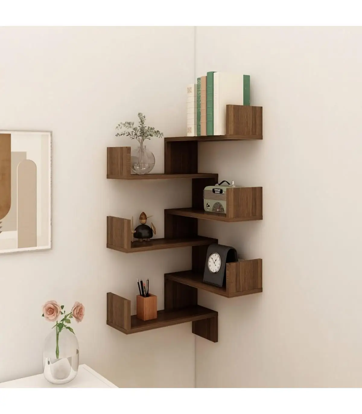 2 Pins Brown Oak 40x40x50 cm Corner Shelves Rack