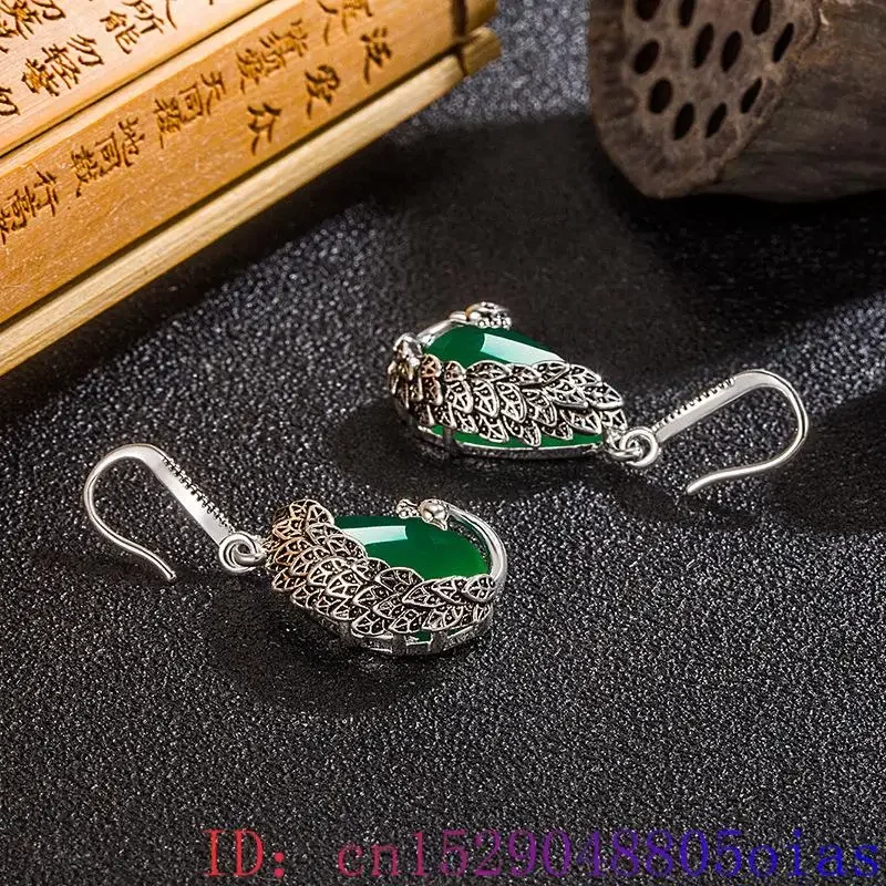 Green Real Jade Peacock Earrings Gift Energy Vintage Luxury 925 Silver Talismans Stone Natural Jewelry Designer Women