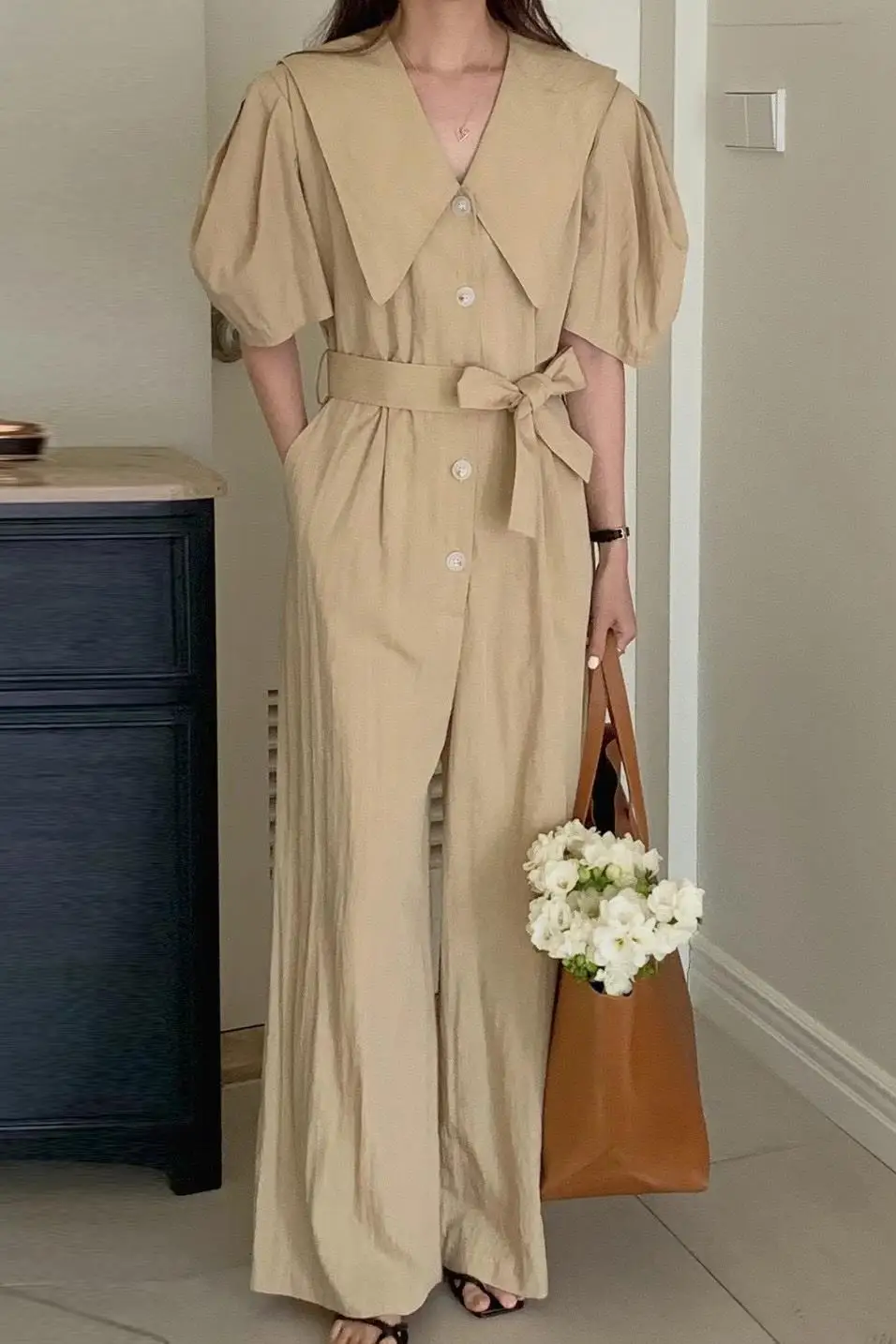 Women Doll Collar with Waist-tightening Tooling Jumpsuit Slim Fashion Casual Loose Korea Chic Wide-leg Mopping Jumpsuit Summer