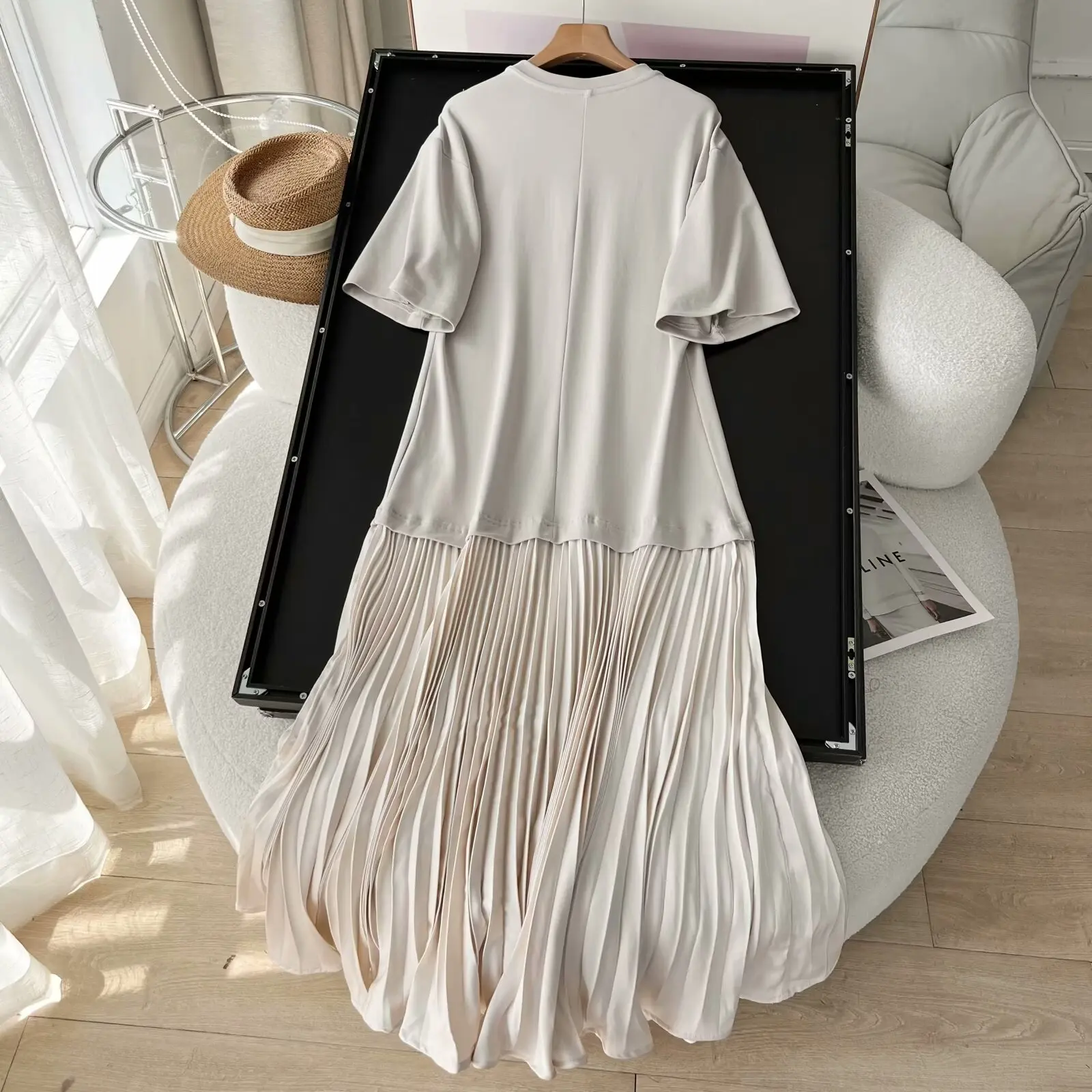 Women 2024 spring new fashion T-shirt stitching short sleeve dress chic pleated Joker crew neck casual dress Vestidos Mujer