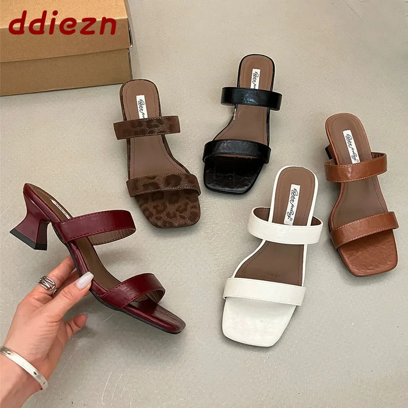 

New 2026 Summer Fashion Square Toe Ladies Slippers Heels Shoes Female Pumps Slides Sandals Elegant Women Slipper Shoes