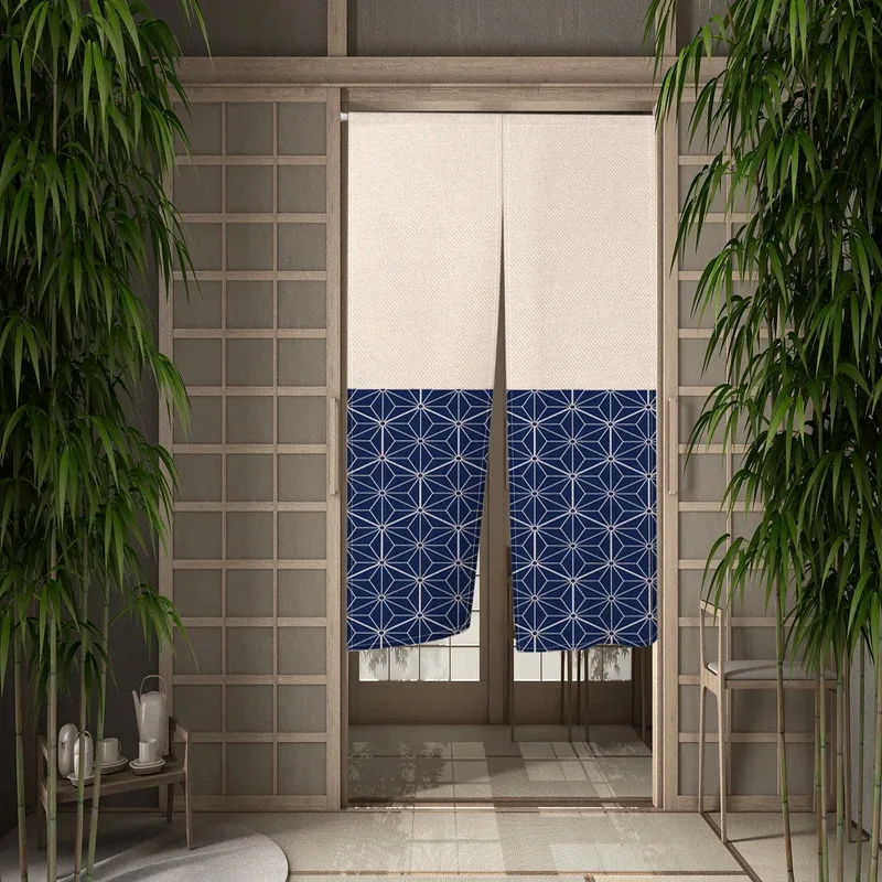 VIKAMA Leinen-Türvorhang, Sichtschutz, japanischer Stil, warmer Vorhang, Wellenmuster, geometrisches Design, Küche, Eingangsbereich, Heimdekoration