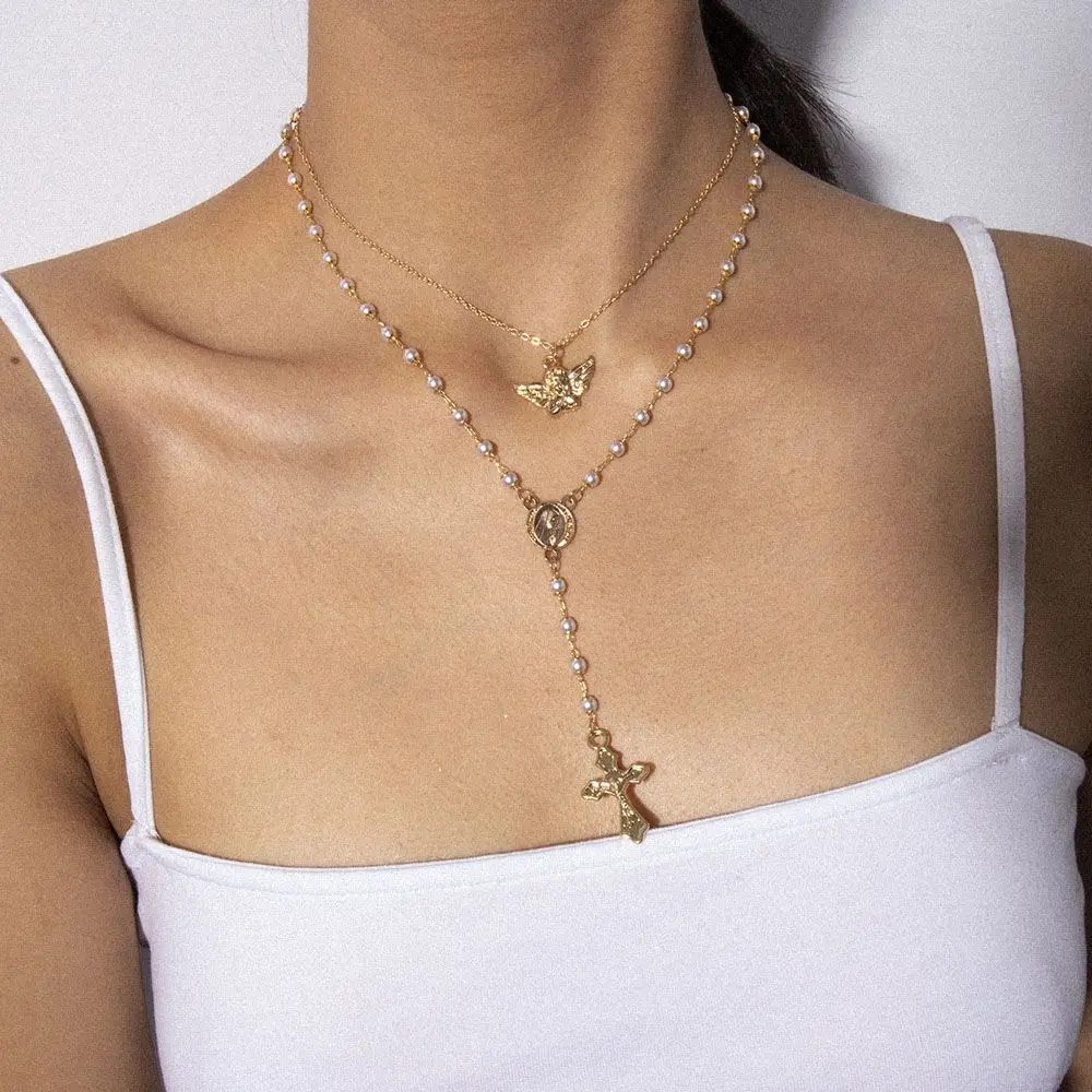 الوردية عملة يسوع المختنقون شرابة طويلة Collares قلادة القلائد الإكسسوارات سلسلة الترقوة مجوهرات