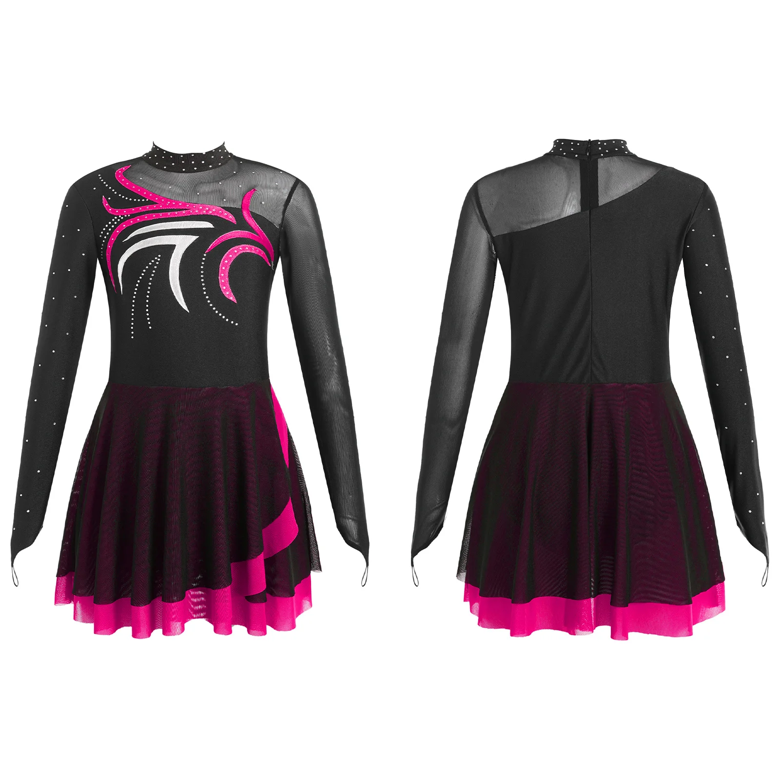 أطفال أداء زي الفتيات بقماش شفاف فستان الباليه الأسطوانة الشكل التزلج فستان رقص سباركلي الراين الجمباز يوتار